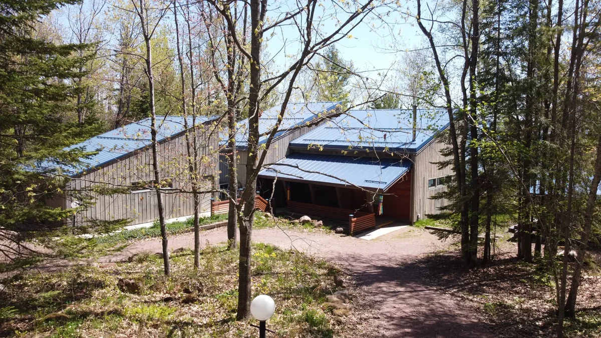 Approach to the home through the trees, the blue metal roof rising above the gravel drive