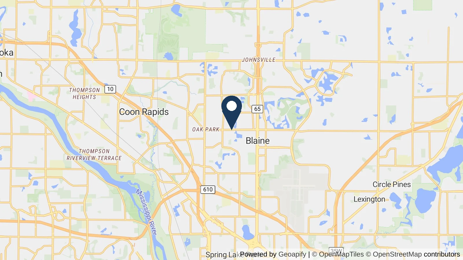 Map showing the general Blaine, MN area where Collins completed this metal roofing project
