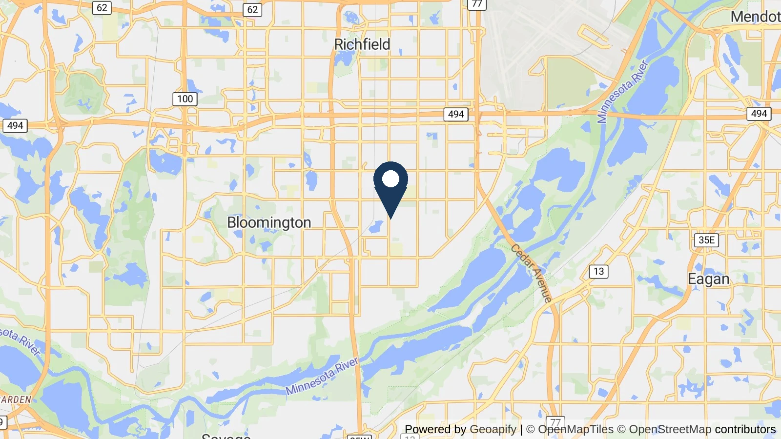 Map showing the general Bloomington, MN area where Collins completed this metal roofing project