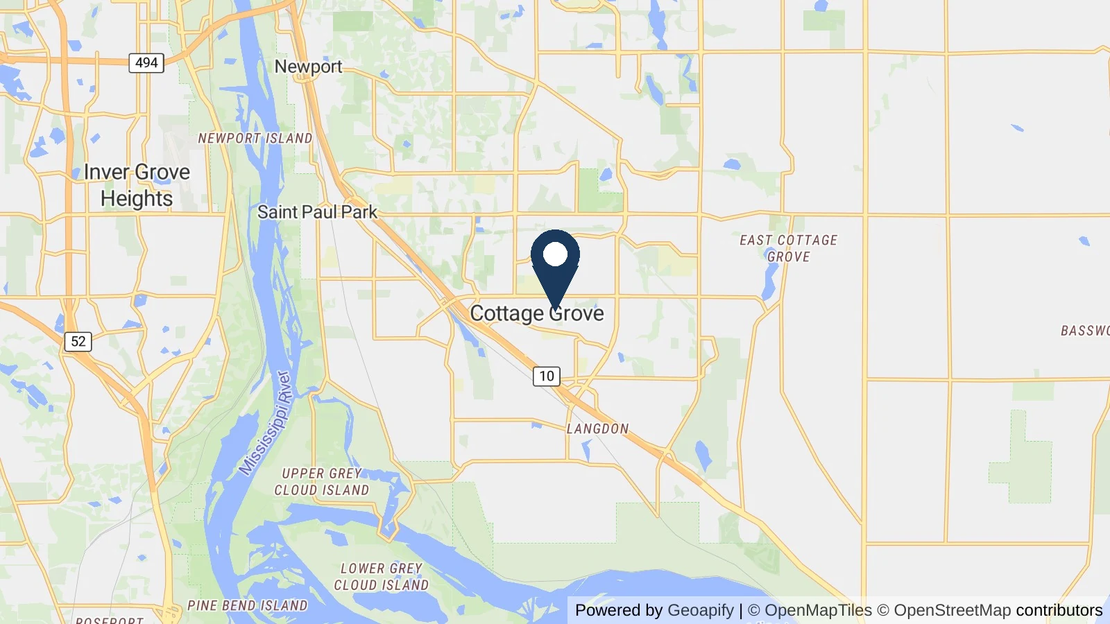 Map showing the general Cottage Grove, MN area where Collins completed this metal roofing project