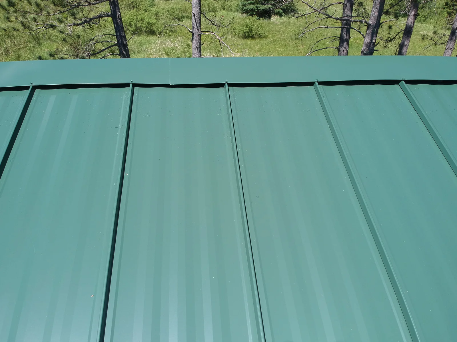 Close overhead of the crisp green standing seam panels running ridge to eave.