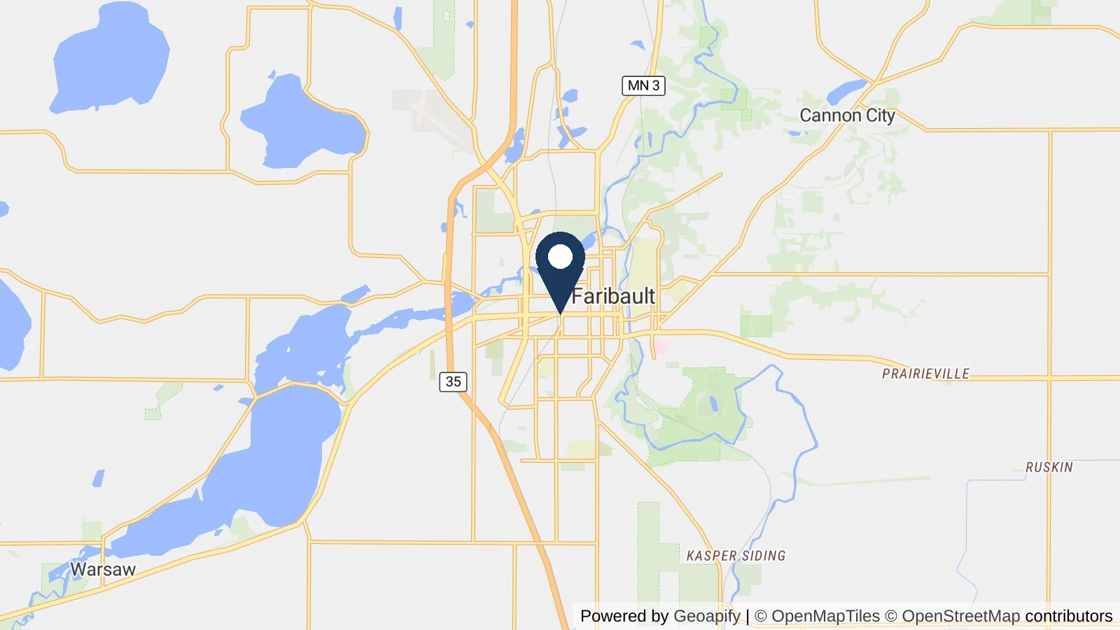 Map showing the general Faribault, MN area where Collins completed this metal roofing project