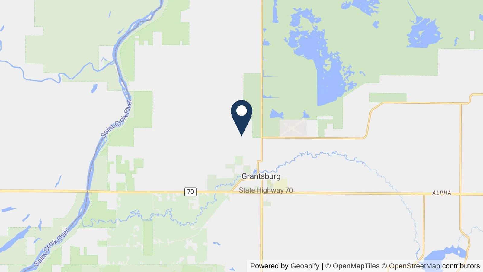 Map showing the general Grantsburg, WI area where Collins completed this metal roofing project