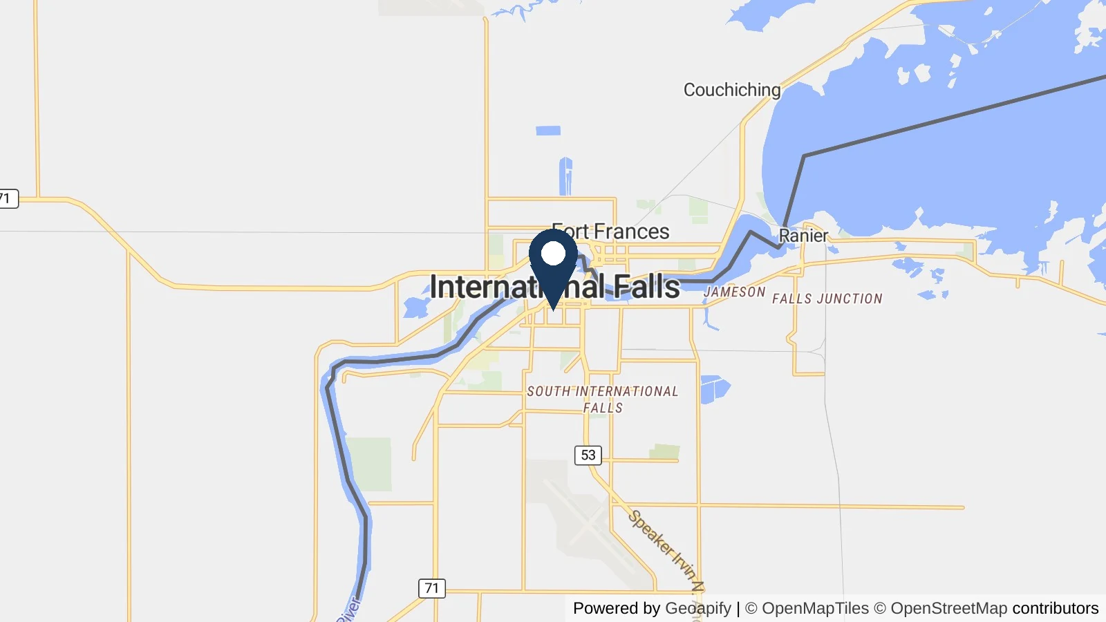Map showing the general International Falls, MN area where Collins completed this metal roofing project