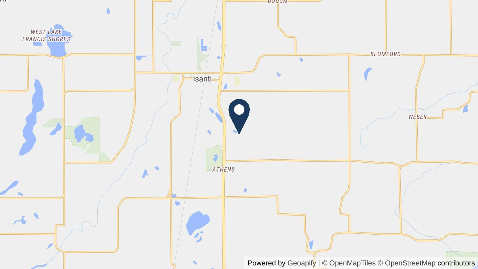 Map showing the general Isanti, MN area where Collins completed this metal roofing project