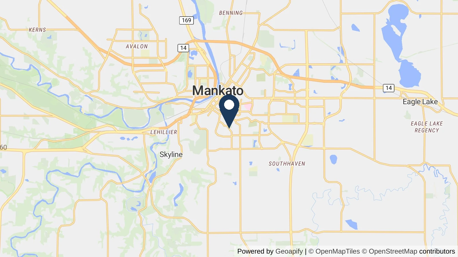 Map showing the general Mankato, MN area where Collins completed this metal roofing project