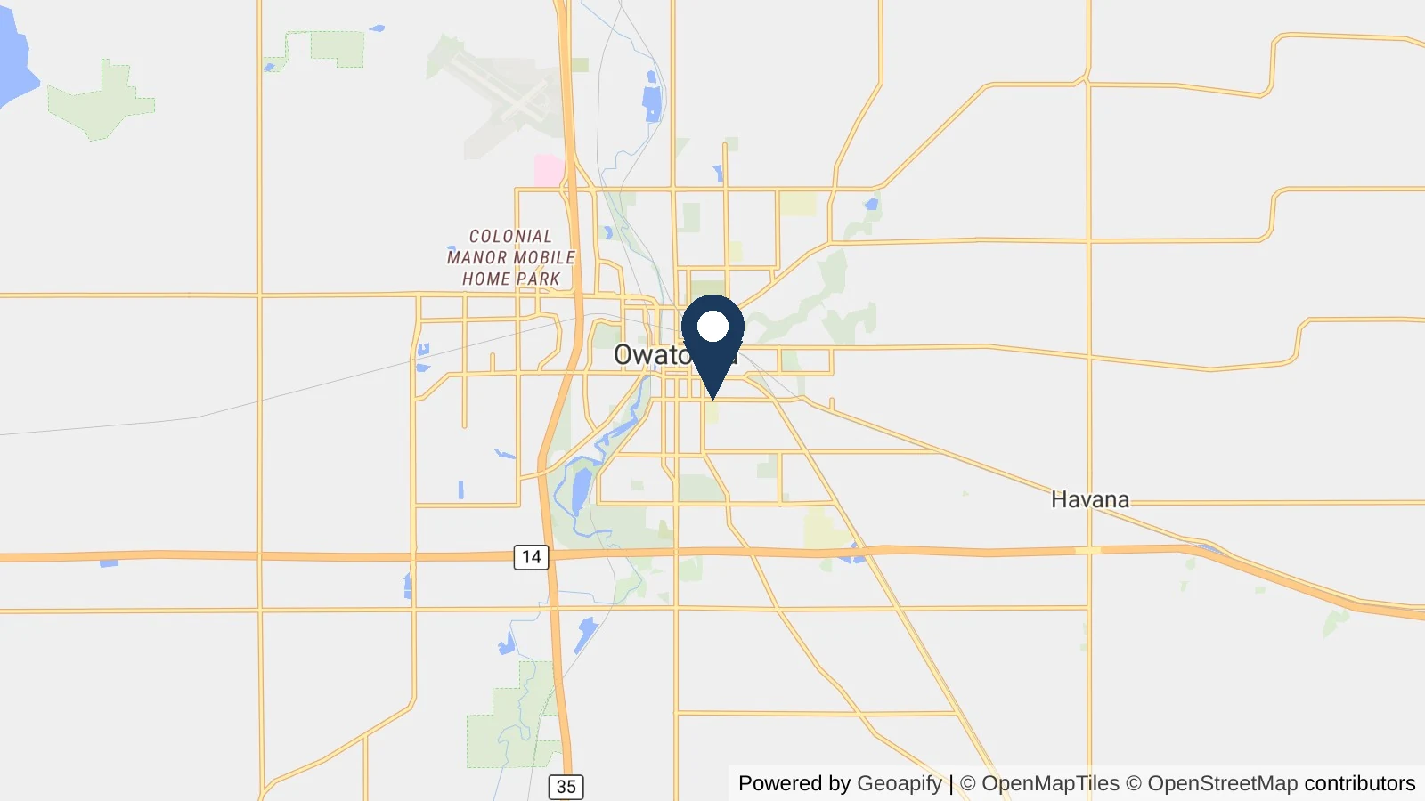 Map showing the general Owatonna, MN area where Collins completed this metal roofing project