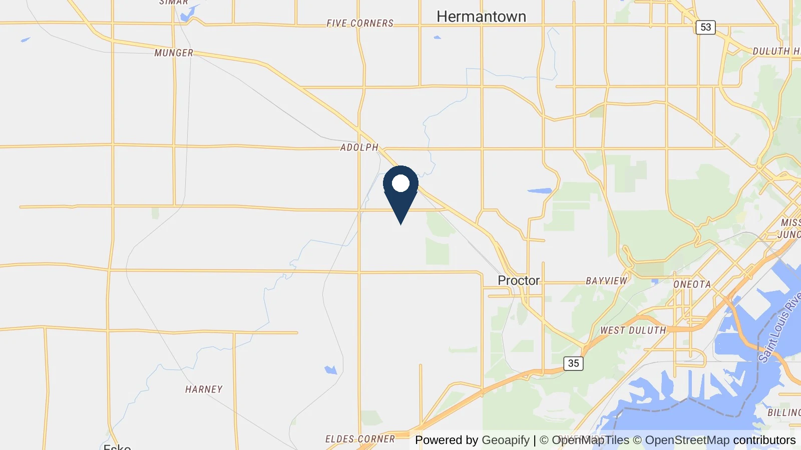 Map showing the general Proctor, MN area where Collins completed this metal roofing project
