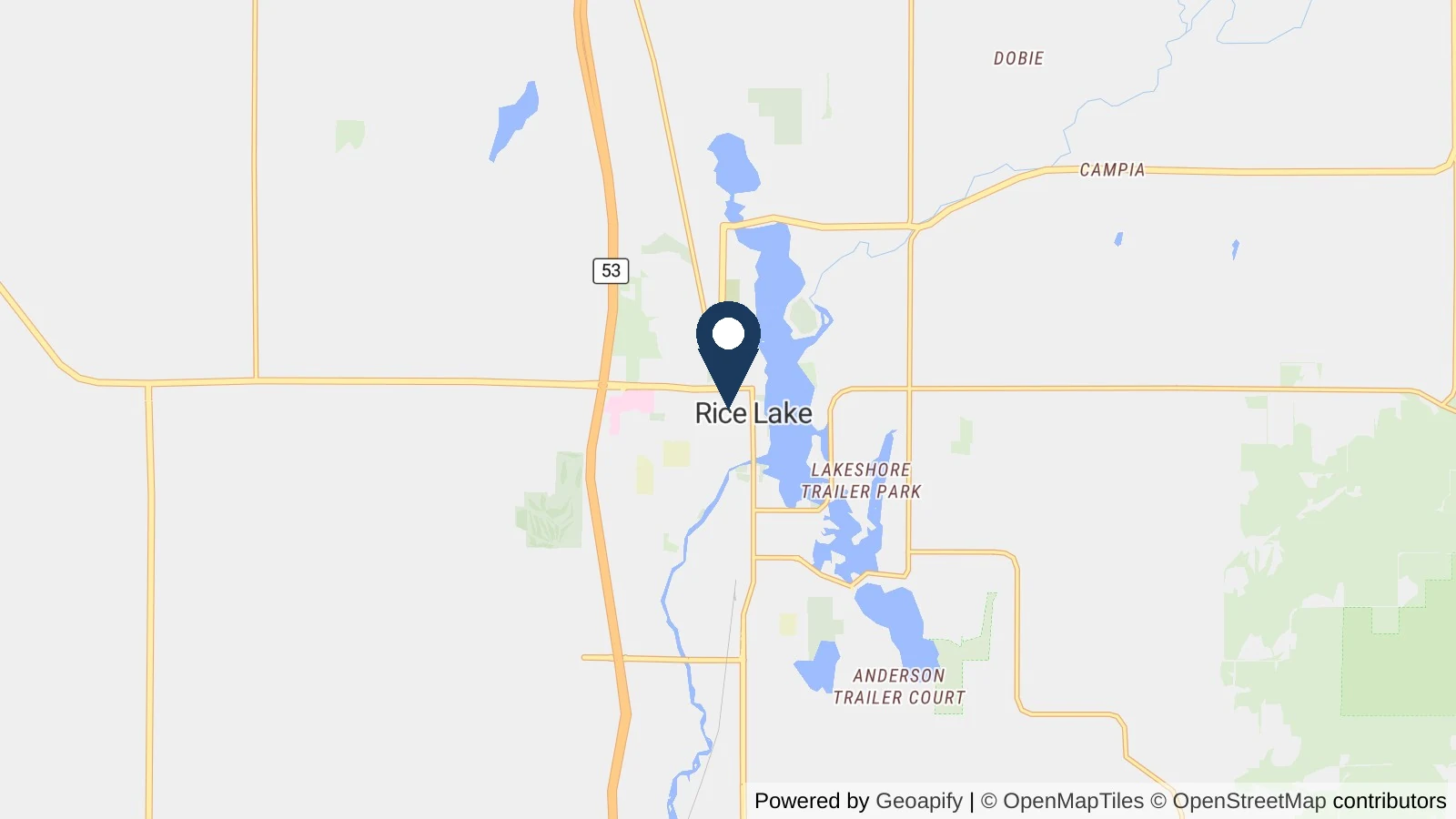 Map showing the general Rice Lake, WI area where Collins completed this metal roofing project