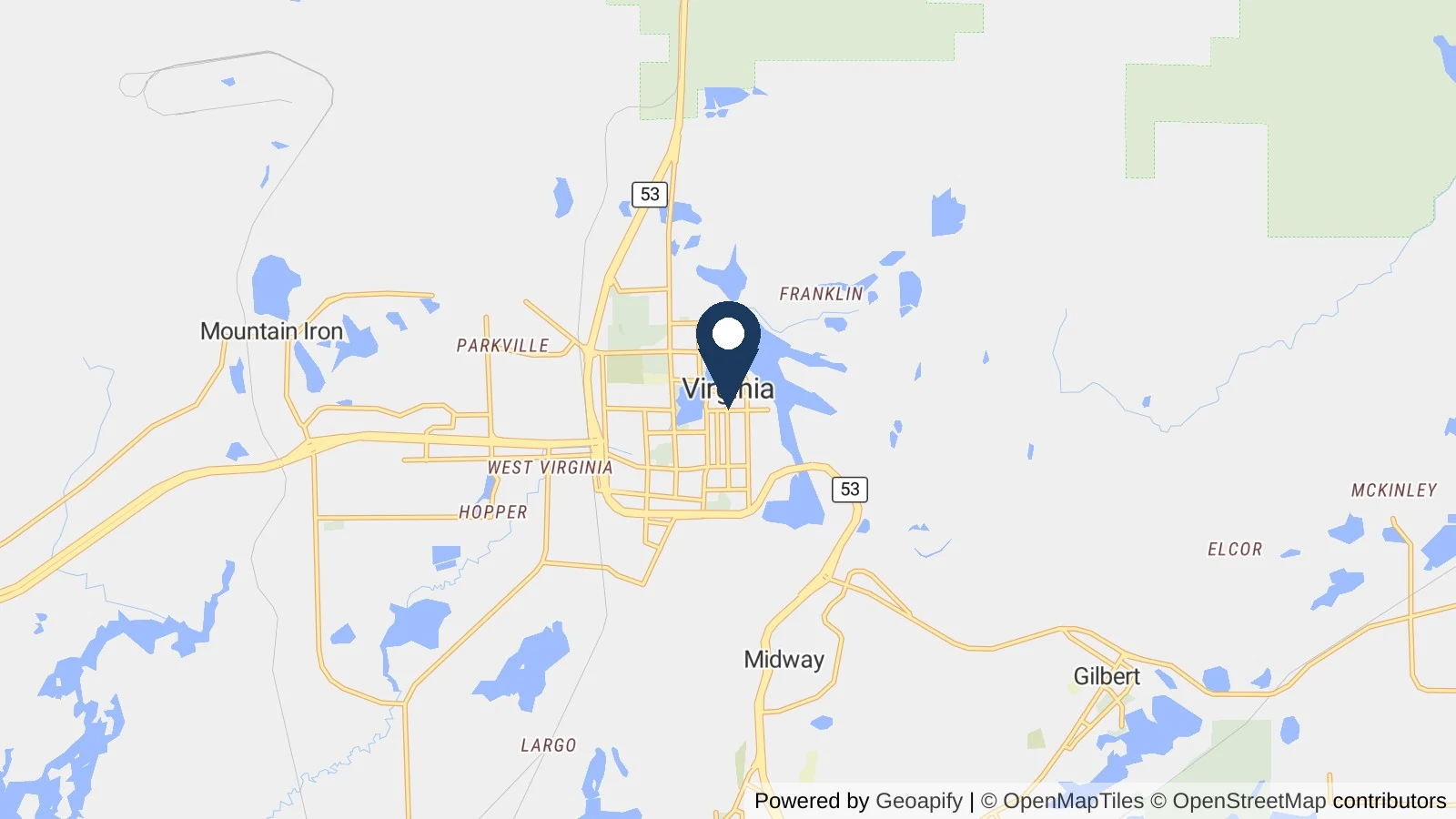 Map showing the general Virginia, MN area where Collins completed this metal roofing project